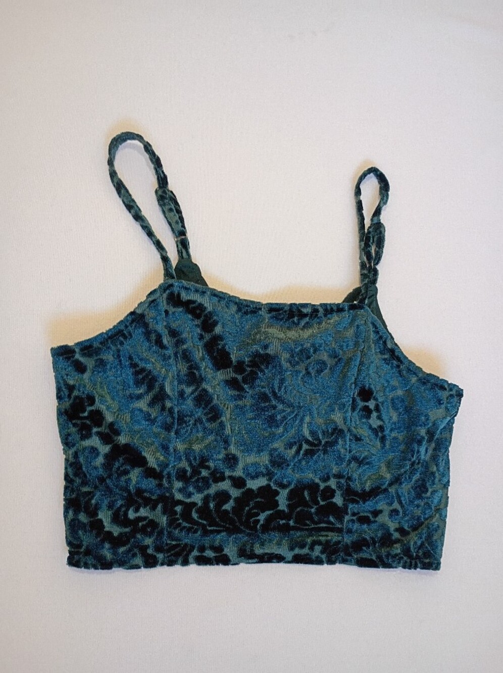 Live To Be Spoiled Sz M Green Velvet Burnout Crop Top Tank Cami Floral Textured